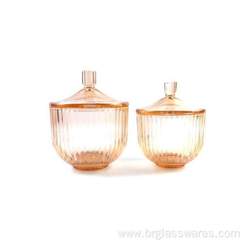 New Arrival Glass Sprayed Colorful Candle Jar Series With RIbbed Decoration And Gold Rim And Knob